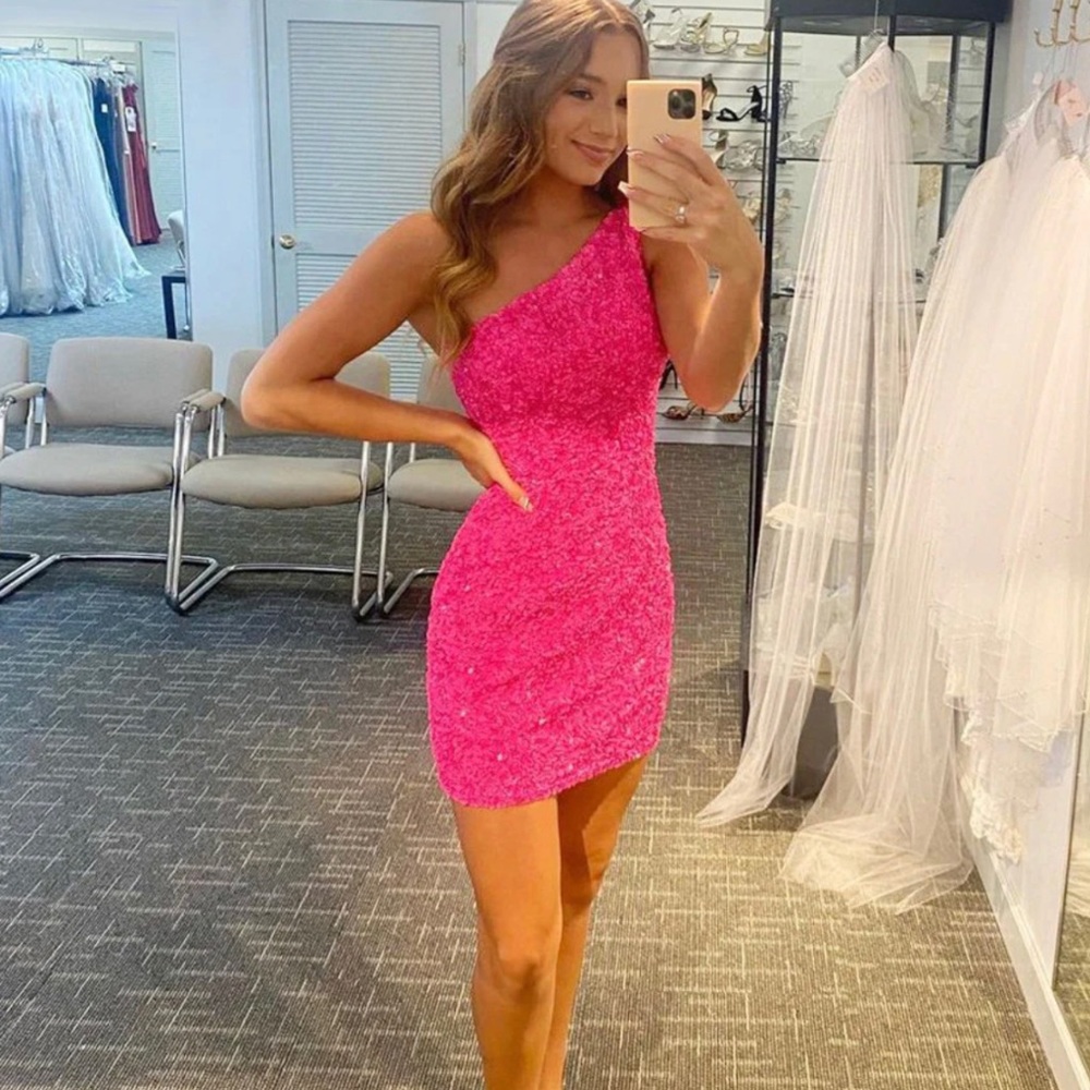 one shoulder pink sequin dress